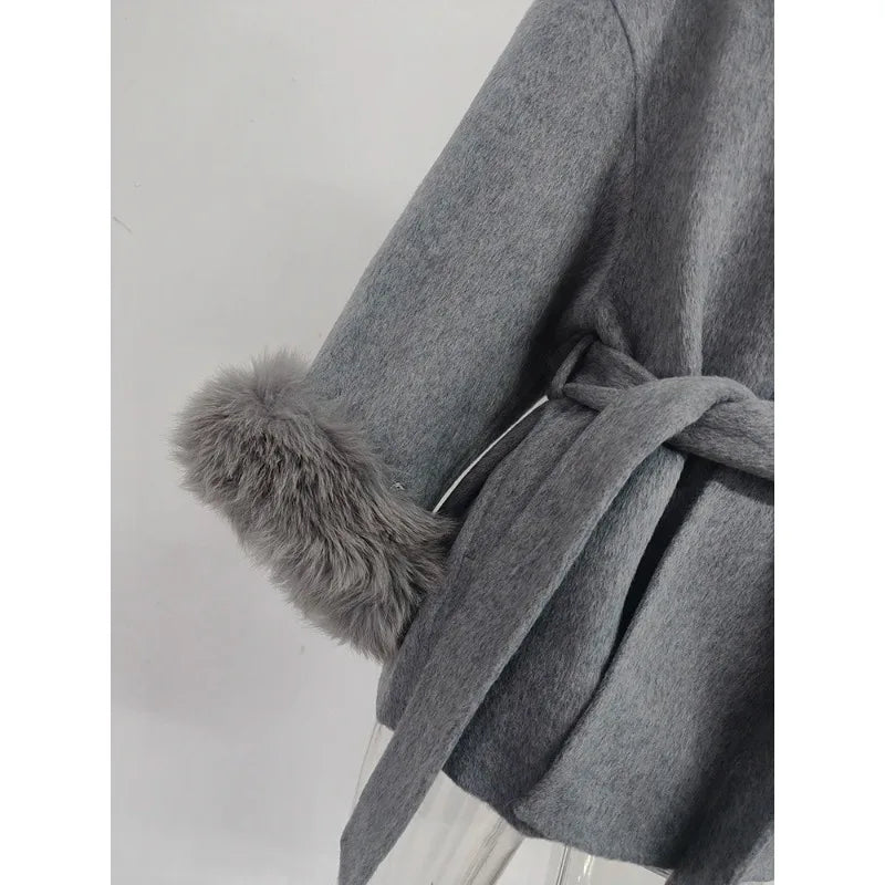 Elegant Wool Blend Coat for Women – Fur Patchwork Long Office Overcoat 2025 Fashion