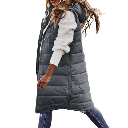 2025 Women's Long Winter Quilted Hooded Vest, Sleeveless Down Cotton Jacket with Pockets, Warm Outdoor Coat S-5XL