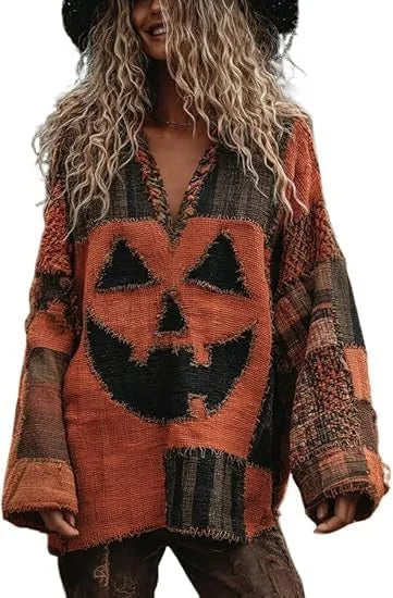 Halloween Knitted Sweater For Women Autumn Gothic Pumpkin Print Streetwear Harajuku Winter Warm Loose Casual Pullover