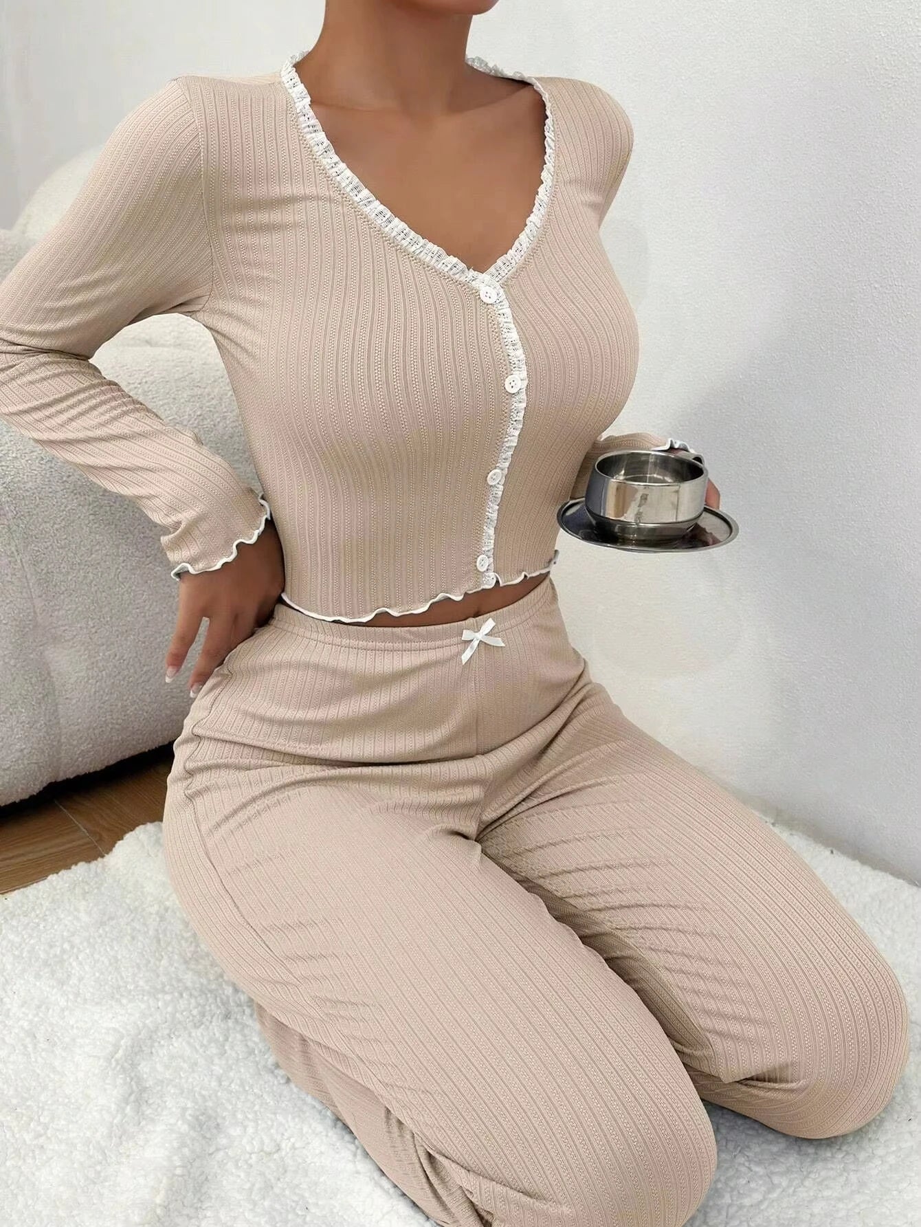 Womens Lace Pajama Set Long Sleeve Top Trousers Elegant Autumn Winter Sleepwear Loungewear