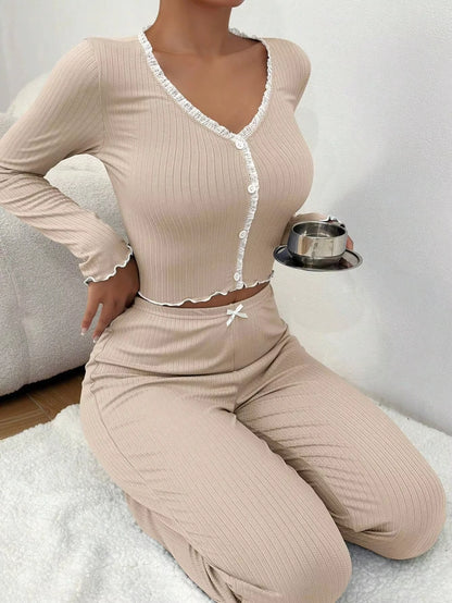 Womens Lace Pajama Set Long Sleeve Top Trousers Elegant Autumn Winter Sleepwear Loungewear