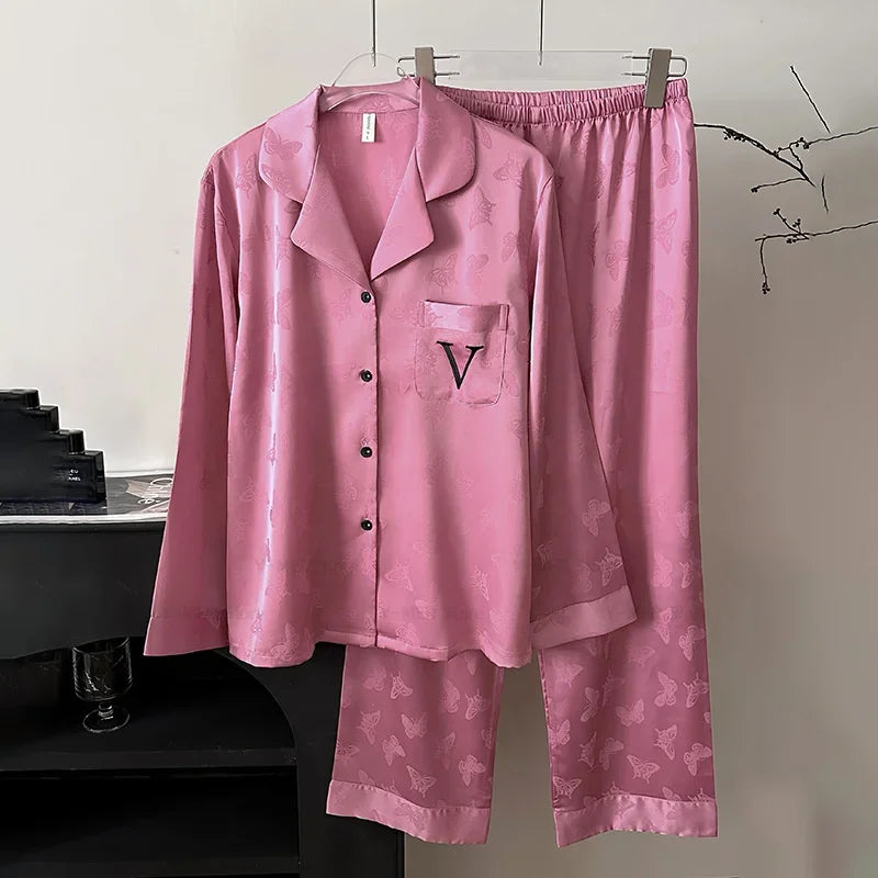 Womens Satin Pajama Set 2 Piece Star Print Loungewear With Lapel Shirt Elastic Waist Pants