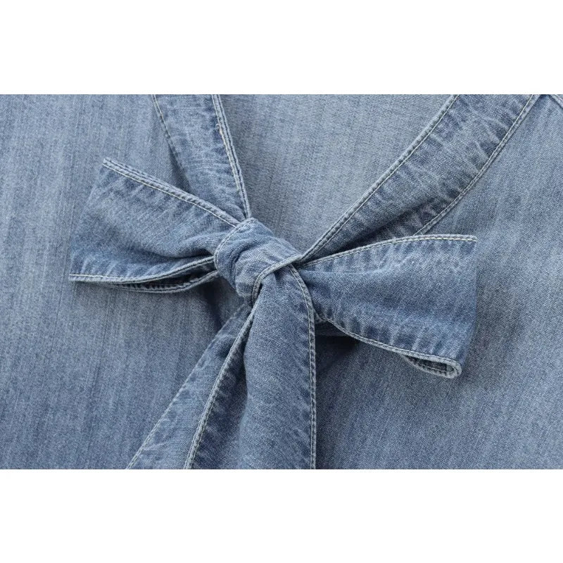 Trendy Imitation Denim Blouse For Women Long Puff Sleeves Bow Embellished High Neck Shirt