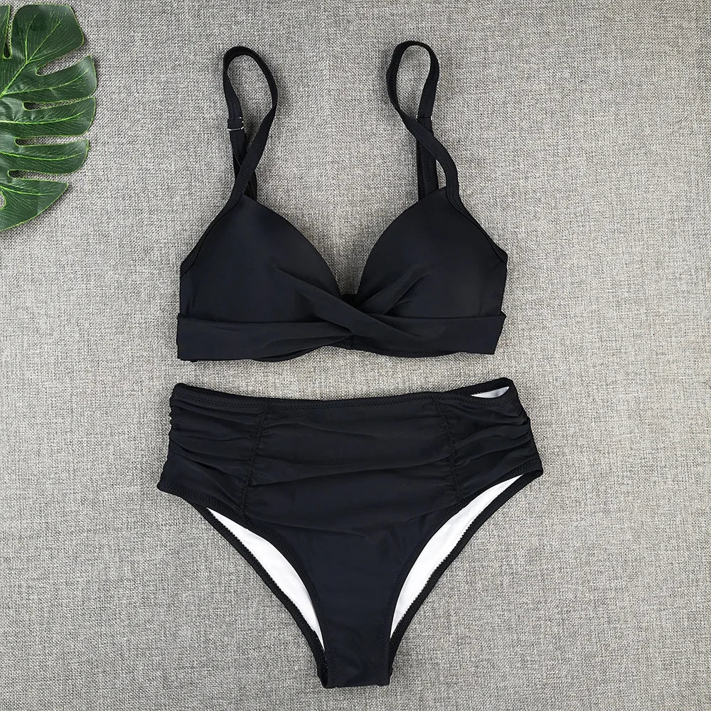 Spaghetti Strap High Waist Bikini Set For Women Padded Pleated Swimsuit Solid Color