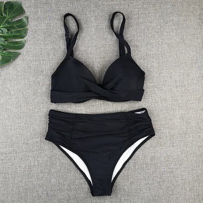 Spaghetti Strap High Waist Bikini Set For Women Padded Pleated Swimsuit Solid Color