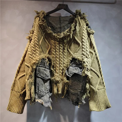 Womens Knitted Denim Patchwork Pullover Loose Casual Heart Sweater Vintage Streetwear Cozy Spring Autumn Fashion