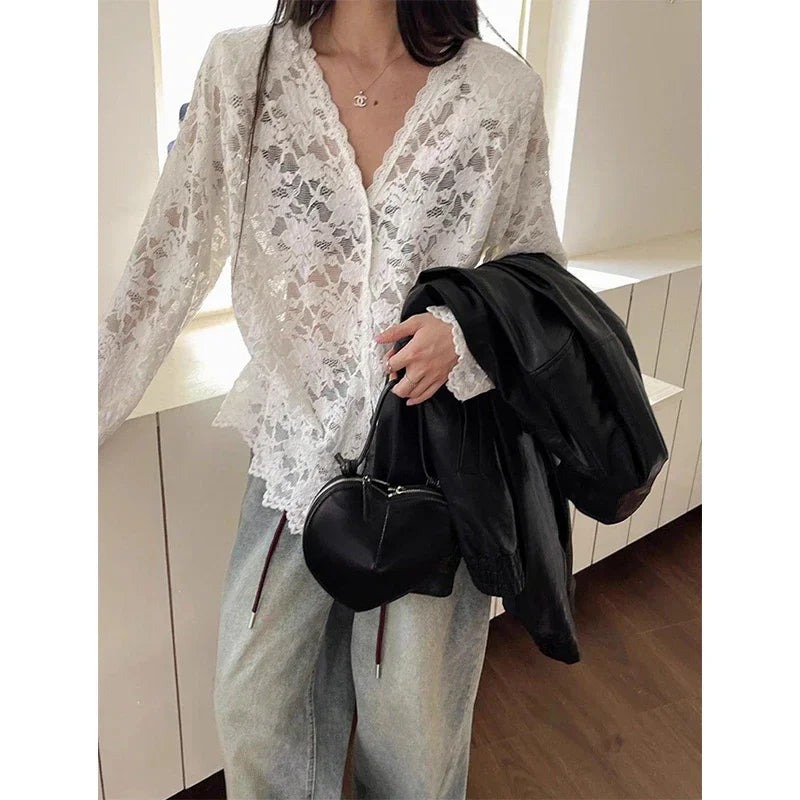 Vintage White Lace Blouse Korean Buttoned Elegance For Women