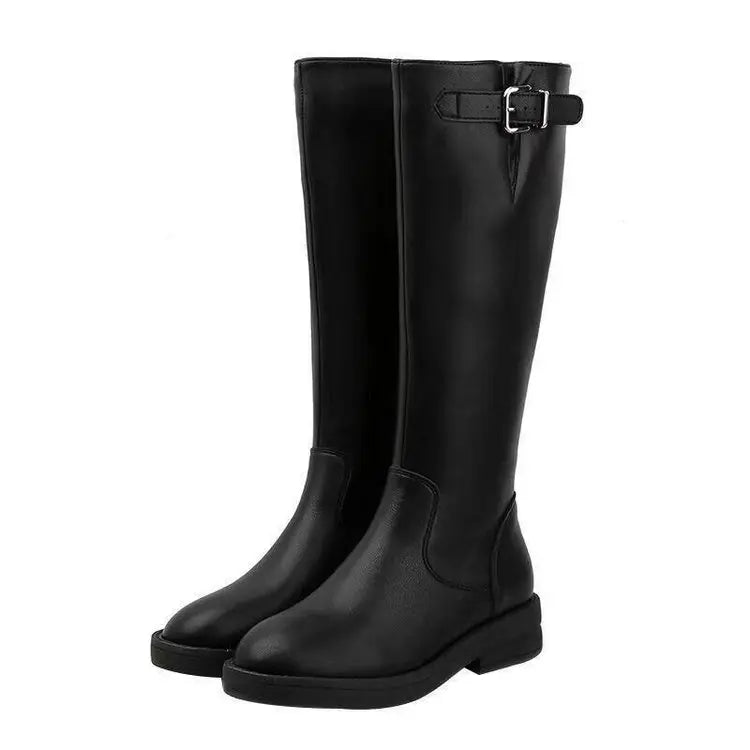 Women’s Mid-Calf Winter Boots – Elegant British Style Patent Leather Low Square Heel Footwear
