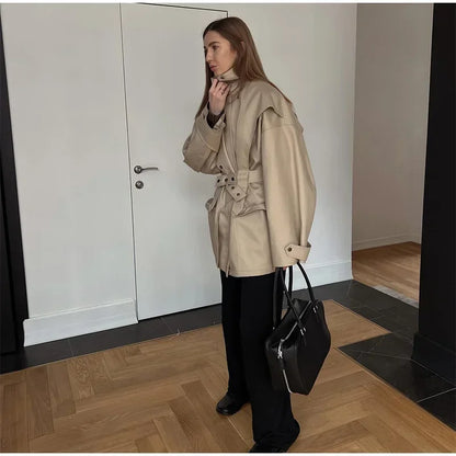 Cotton Khaki Long Turn Down Collar Belted Women Trench Coat