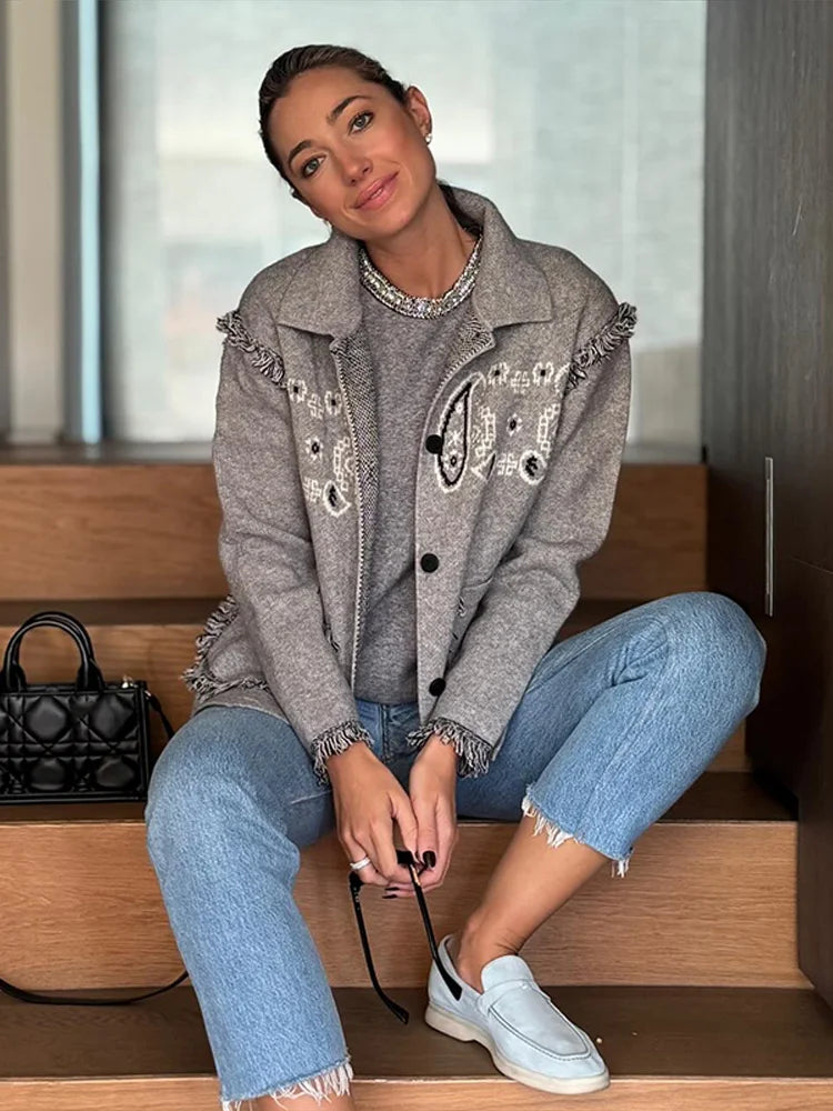 2025 Spring Womens Personalized Graffiti Print Lapel Cardigan Shirt Lantern Sleeve Trendy Top