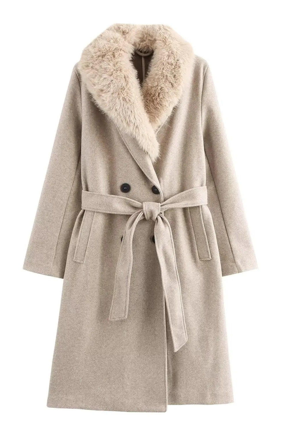 Beige coat with fur collar on a white background