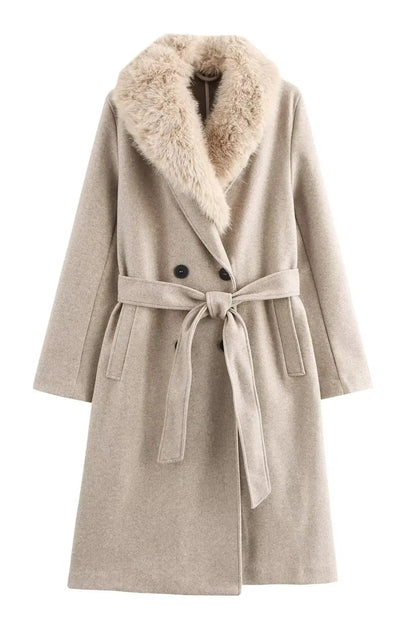 Beige coat with fur collar on a white background