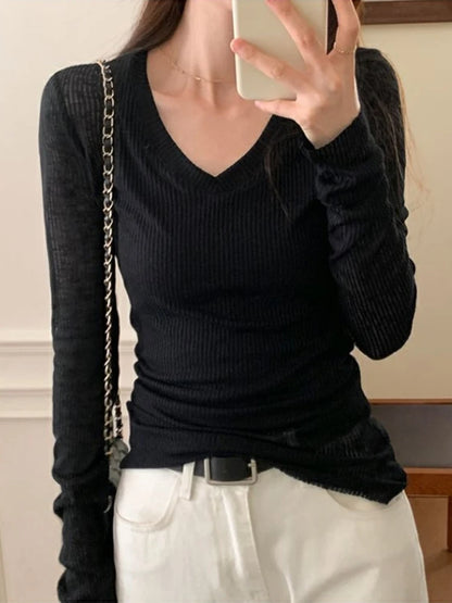 Thin Solid Lace Up V Neck Women Shirts