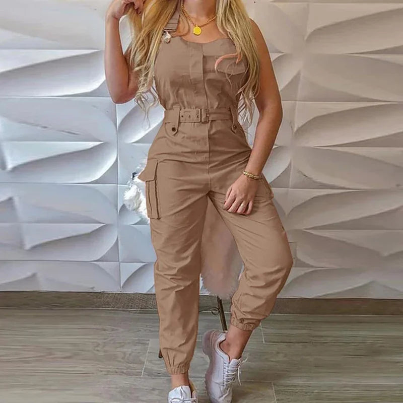 2025 Women S Casual Cargo Jumpsuit Sleeveless O Neck Playsuit With Pocket Belt Loose Pencil Pants