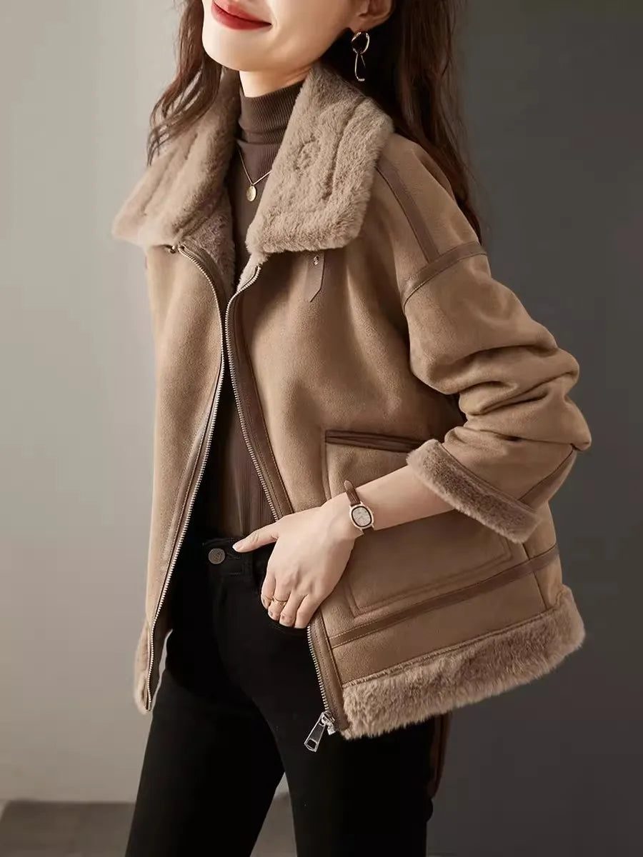 2023 Womens Extra Thick Lamb Leather Rider Jacket With Faux Fur