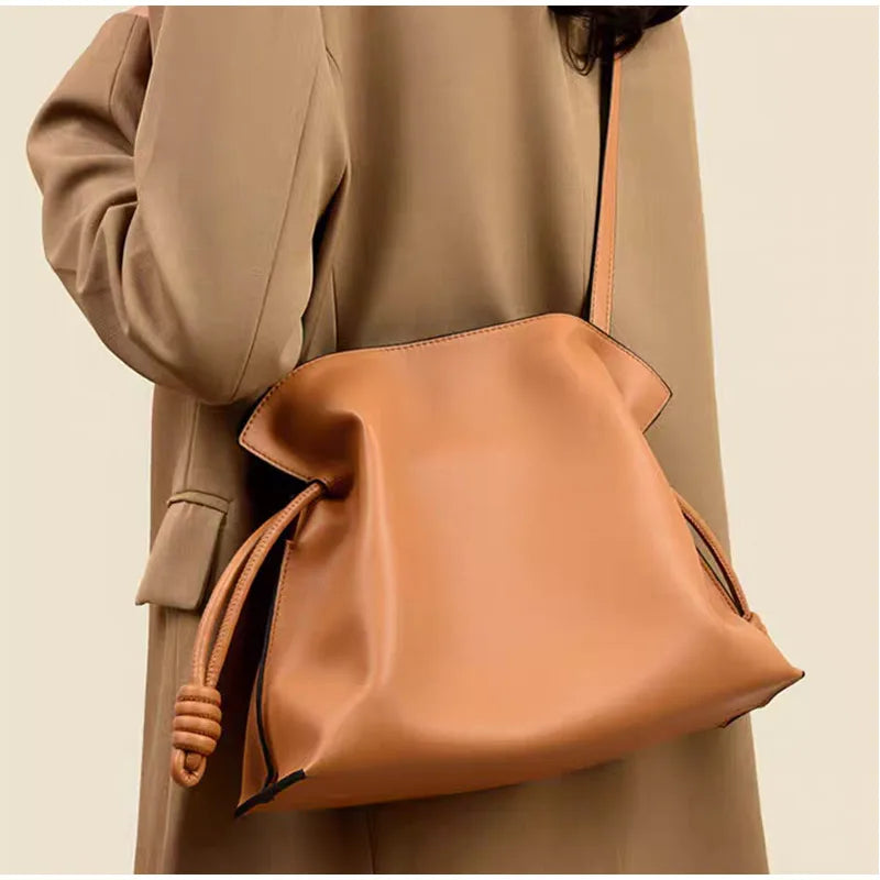 Minimalist Camel Leather Drawstring Shoulder Bag