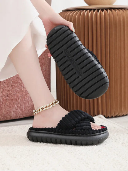 Open-Toe Cross Band Linen Soled Indoor Slippers For Winter