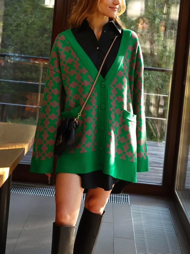 Geometric Jacquard V-Neck Knit Cardigan – Oversized 2025 Autumn/Winter