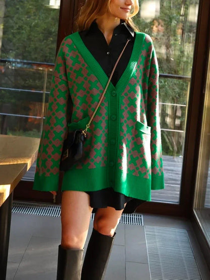 Geometric Jacquard V-Neck Knit Cardigan – Oversized 2025 Autumn/Winter