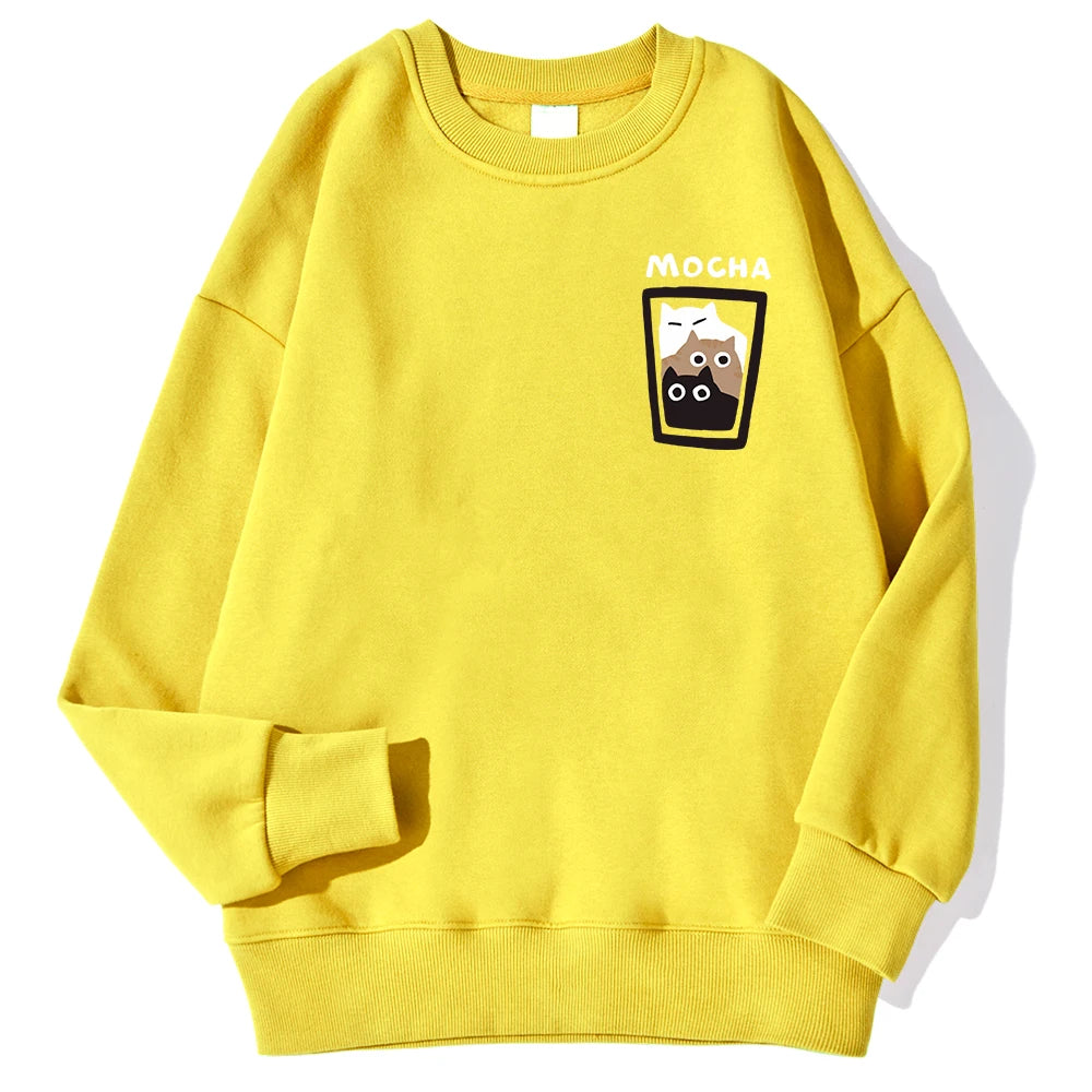 Mocha Cat Cup Printed Crew Neck Sweatshirts