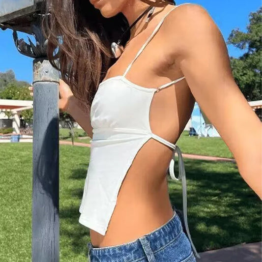 Sleek Geometry: Backless Halter-Style Crop Top