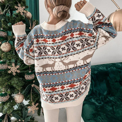 Y2K Style Women’s Christmas Sweater – Oversized O-Neck Knitwear, Full Sleeve Jacquard Pullover for Xmas Look