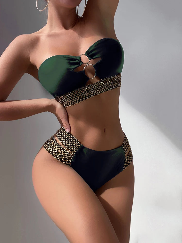 Black and Gold Chain Detail Bandeau Bikini Aesthetic
