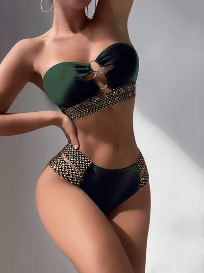 Black and Gold Chain Detail Bandeau Bikini Aesthetic