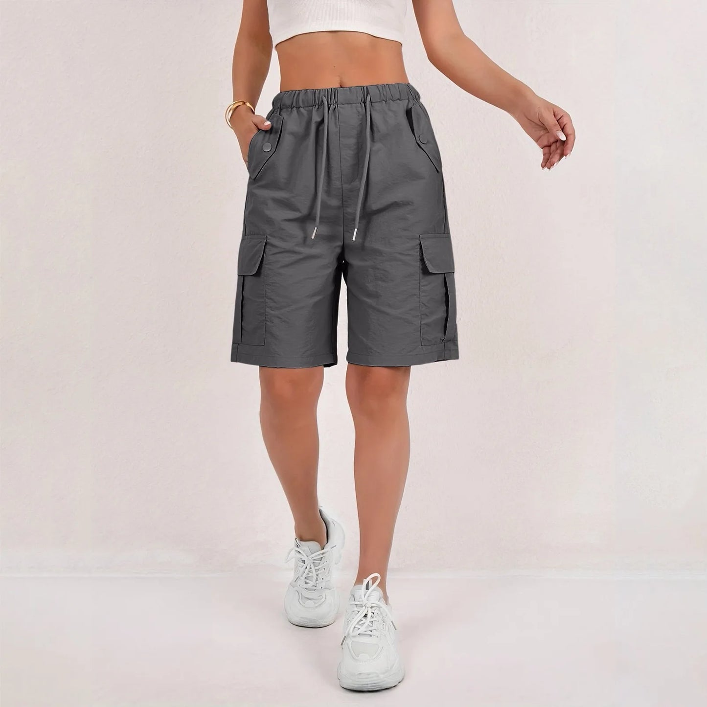 Elastic Waist Flap Pocket Cargo Shorts For Women