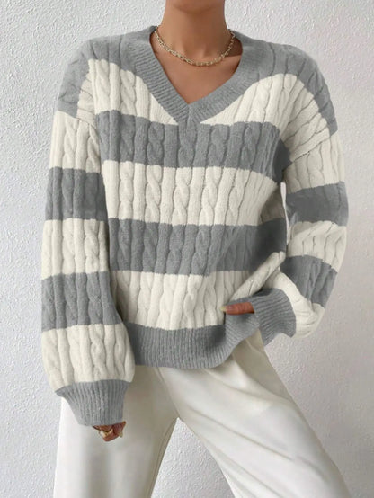 2025 Womens Stripe Knitted Sweater Long Sleeve V Neck Cropped Top Loose Fit Spring Versatile Warm Knit
