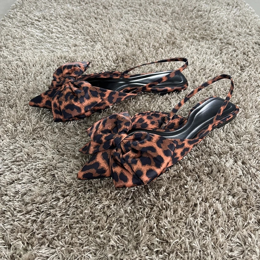 Big Ribbon Design Leopard Print Flat Slippers For Summer