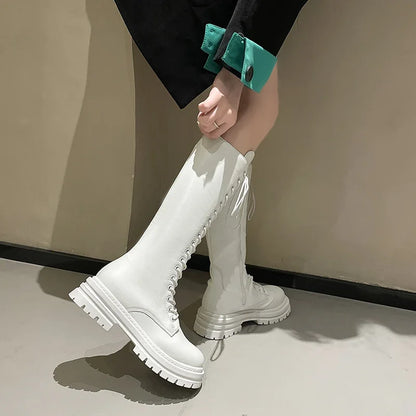 Women’s Knee-High Platform Boots 2025 – Korean Style PU Leather Fleeced Chunky Heel Winter Boots