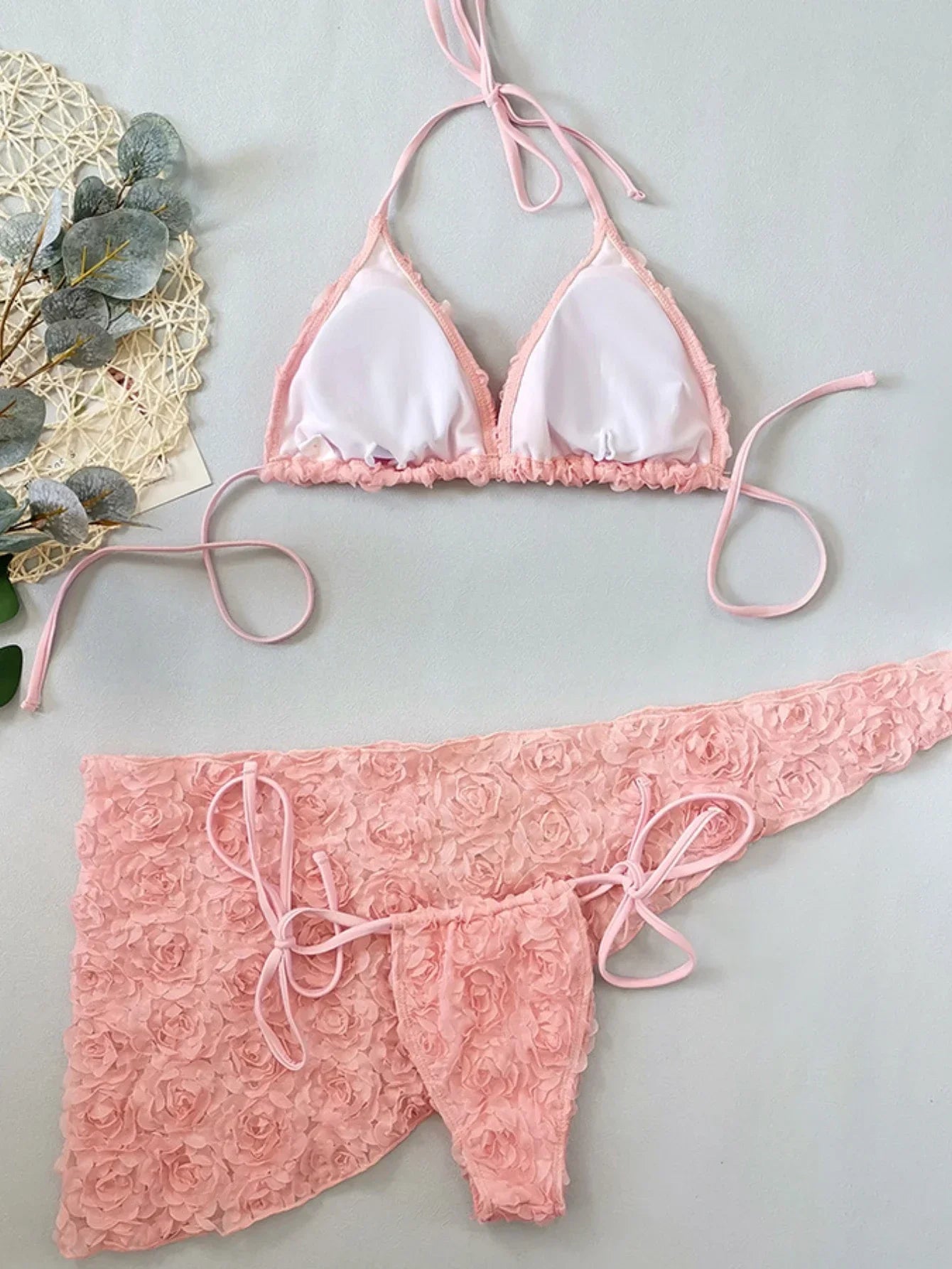 Romantic Pink 3D Floral Rosette Bikini and Sarong Set Aesthetic