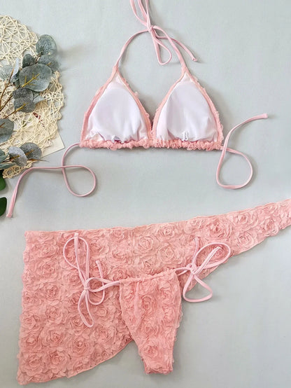 Romantic Pink 3D Floral Rosette Bikini and Sarong Set Aesthetic