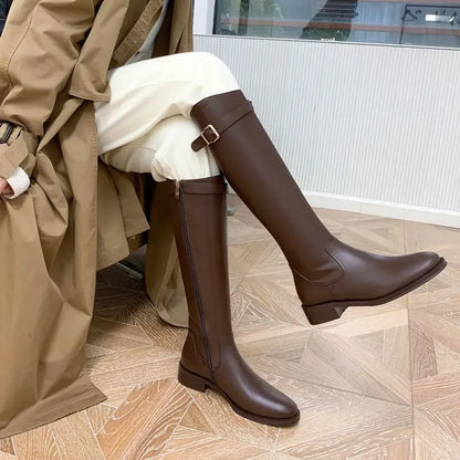 Winter Knee High Brown Boots Square Heel Zip Belt Buckle Gothic Style For Women