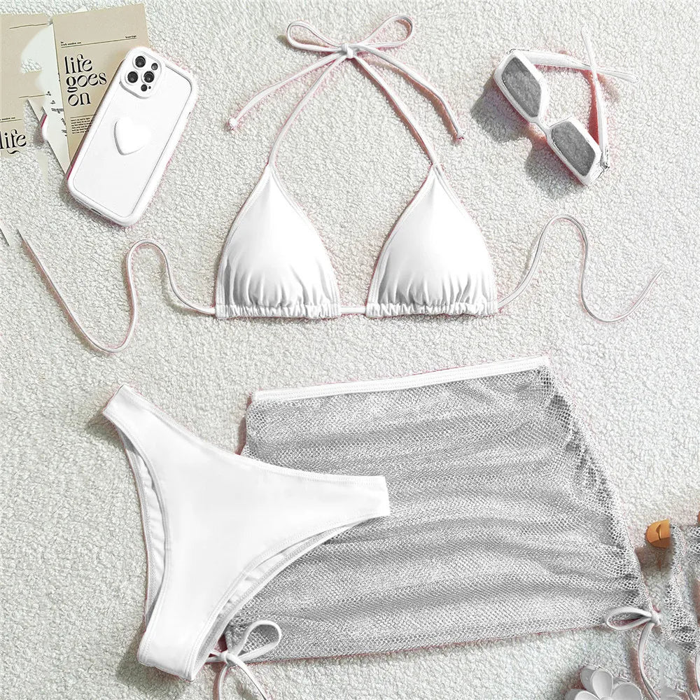 Chocolate Brown Bikini and Mesh Skirt Set Aesthetic