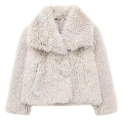 Elegant Womens Faux Fur Jacket Turn Down Collar Loose Fit Casual Long Sleeve Winter Coat For Warmth