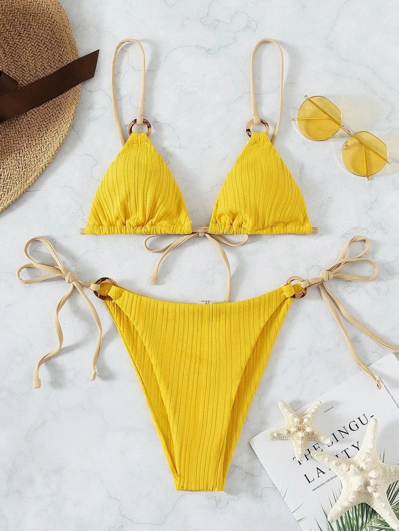 Muted Mauve Ribbed Tortoise Link Bikini Aesthetic