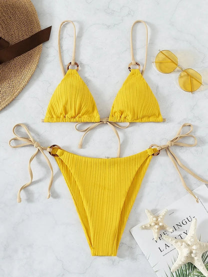Muted Mauve Ribbed Tortoise Link Bikini Aesthetic