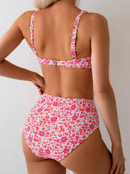 Pink Ditsy Floral Print High Waist Square Neck Bikini Aesthetic