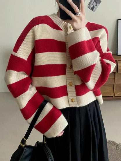 Parisian Playfulness: The Signature Cherry-Striped Cropped Cardigan