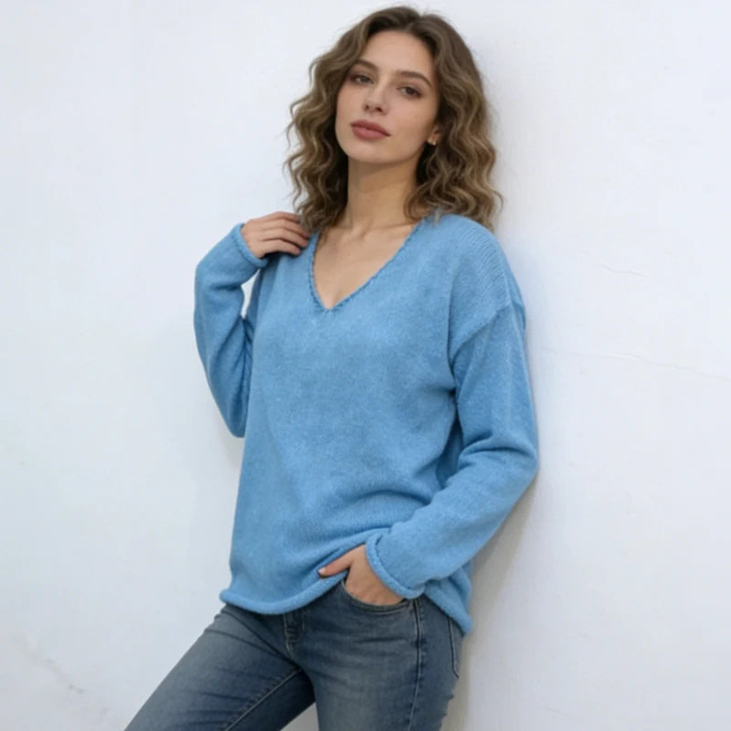 Casual Light Blue V-Neck Knit Sweater Outfit