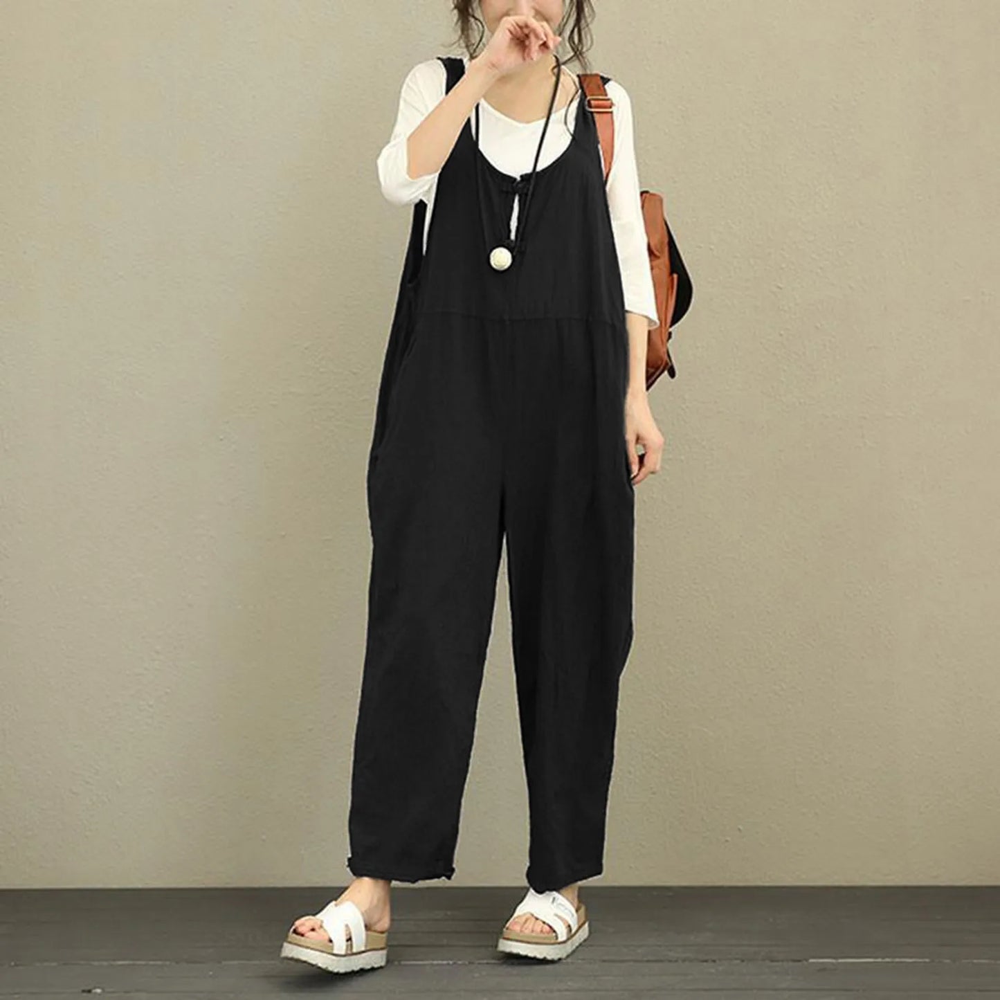 Boho Comfort: Wide-Leg Suspender Cotton Jumpsuit