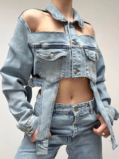 Open Shoulder Irregular Style Crop Denim Coat For Women