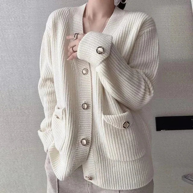 Flap Pocket Big Button V-Neck Cardigan