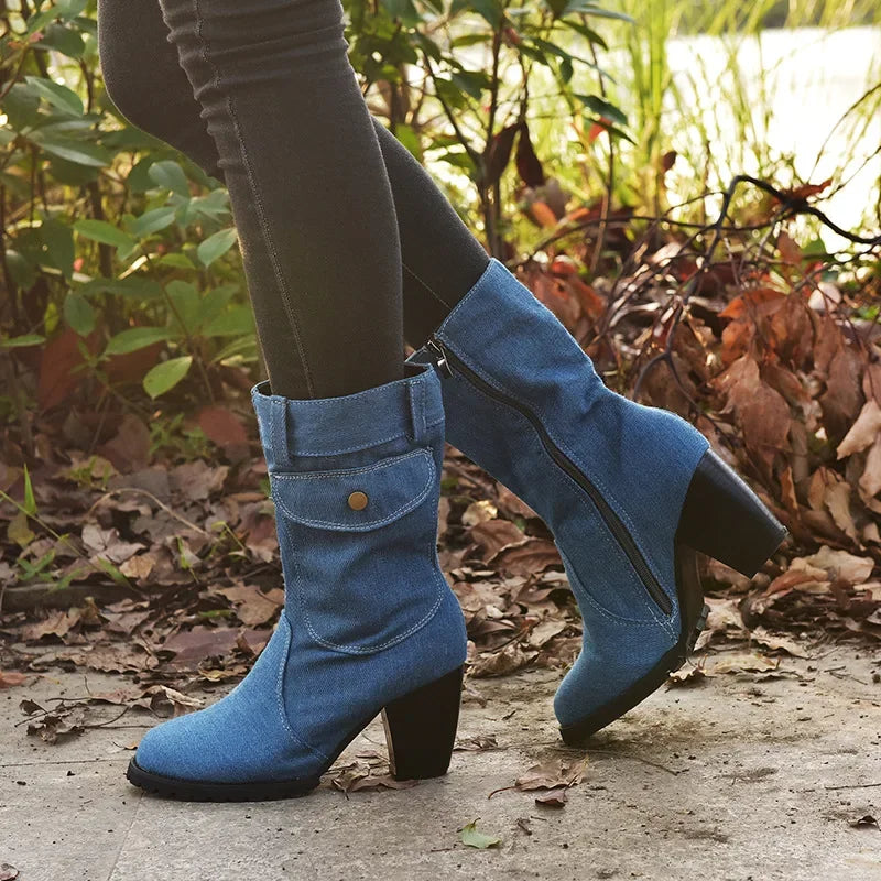 Womens Pointed Toe Denim Style High Heeled Cowboy Boots Autumn Winter Casual Chic Footwear