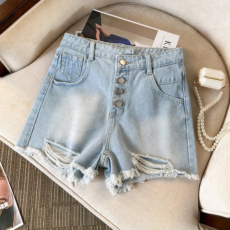 Effortless Summer Styling: Distressed High-Waist Button-Fly Denim Shorts