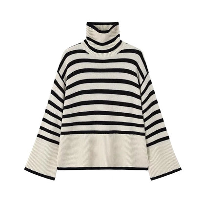 Loose Fit Striped Turtleneck Winter Sweater For Women
