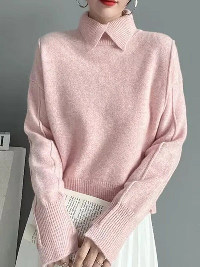 Soft Girl Aesthetic: Elegant Pastel Pink Collared Knit Sweater