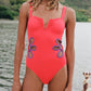 Solid Color One-Piece Swimsuit with Floral Design: Stylish Women's Swimwear